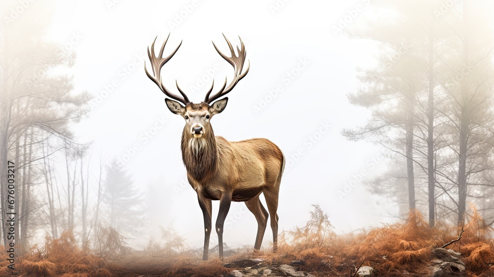 Poster a deer standing in the middle of a forest on a foggy day with trees and bushes in the background. ge
