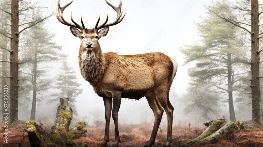 Poster a deer standing in the middle of a forest in front of a foggy sky with trees in the background. gene