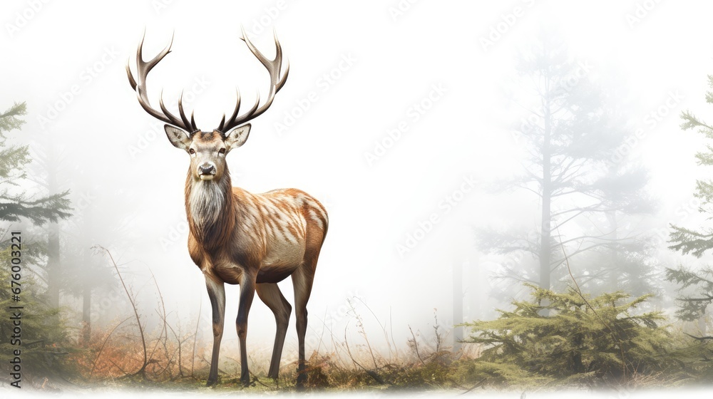 Poster a deer standing in the middle of a forest on a foggy day with trees and bushes in the background. ge