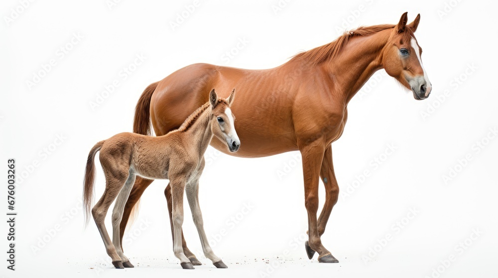 Poster a horse and a foal standing next to each other in front of a white background with a white backdrop.