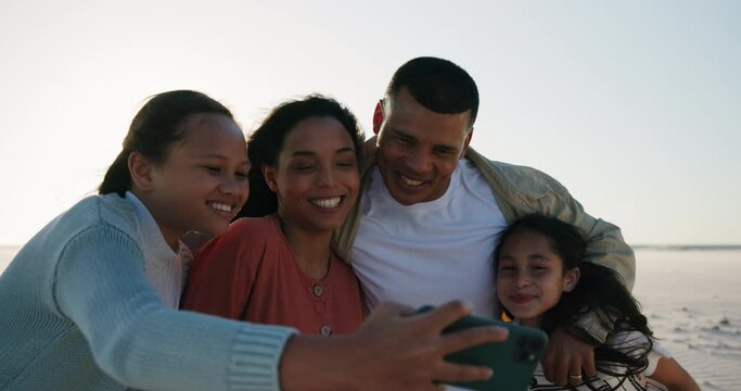 Girl children, parents and beach selfie with smile, hug or care for post on web blog with love in nature. Father, mother and daughter kids in happy family, photography or social media for sea holiday