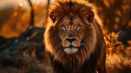 Naklejka na ściany i meble Wildlife photography of a majestic lion in the African savannah