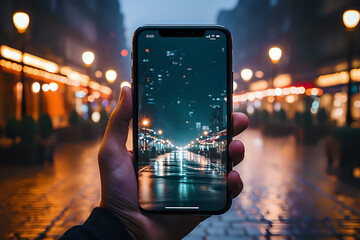 Naklejka premium hand of a travel blogger with a smartphone takes a photo or video of a bright night street after the rain illuminated by lights