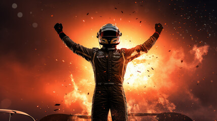 Digital Art of Winning Race Car Driver’s Silhouette, Grand Prix Victory Celebration - obrazy, fototapety, plakaty