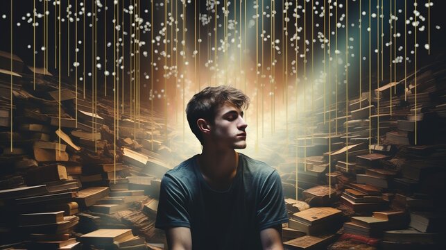 A person surrounded by piles of currency, symbolizing the challenges of preserving wealth in an inflationary environment