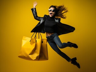 Young woman with big shopping bag, Black Friday sale concept