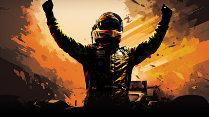 Digital Art of Winning Race Car Driver&rsquo;s Silhouette, Grand Prix Victory Celebration