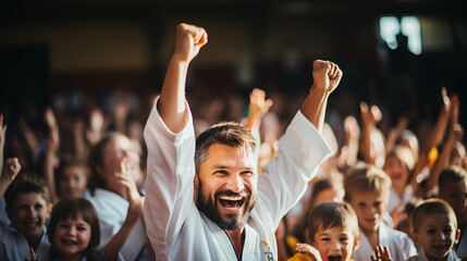 Digital photo of a child celebrating a victory in a judo competition together with the coach
