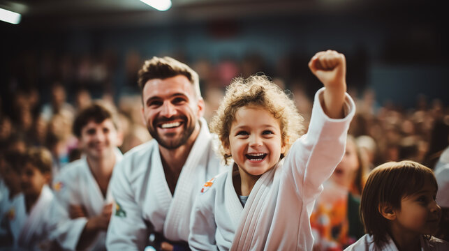 Digital photo of a child celebrating a victory in a judo competition together with the coach - Powered by Adobe