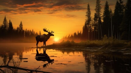 A deer stands in front of a lake at sunset, AI - Powered by Adobe