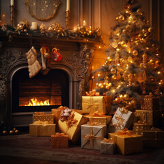 Boże Narodzenie, kartka świąteczna z choinką, prezentami przy kominku. Ai generative - obrazy, fototapety, plakaty