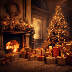 Boże Narodzenie, kartka świąteczna z choinką, prezentami przy kominku. Ai generative - obrazy, fototapety, plakaty