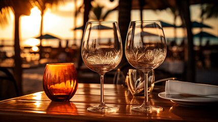 Elegant and select restaurant table at Beach Wine Glass and appetizers on the bar wedding concept dinner service menue holiday vacation in tropical Summer  - obrazy, fototapety, plakaty