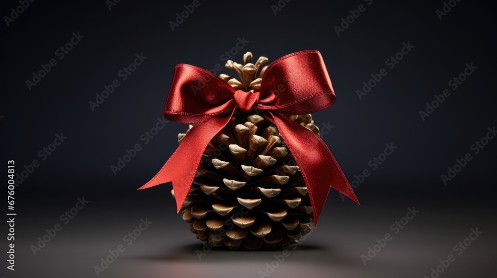 Poster a close up of a pine cone with a red ribbon on a dark background with a bow on the top of it. genera