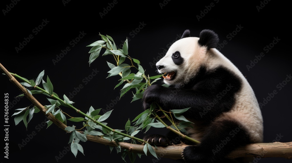 Poster a panda bear sitting on top of a tree branch with a branch in its mouth and a twig in it's mouth. ge