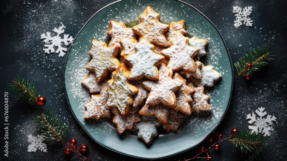 Poster a plate of cookies on a table with snowflakes on the table and a christmas tree in the background. g
