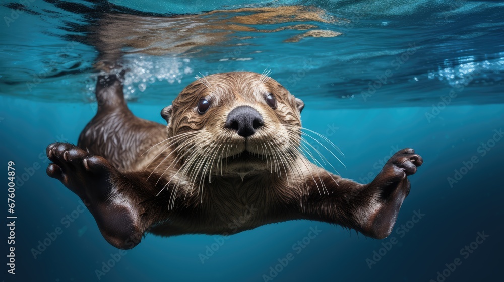 Poster a close up of a sea otter floating in the water with its front paws on the surface of the water. gen