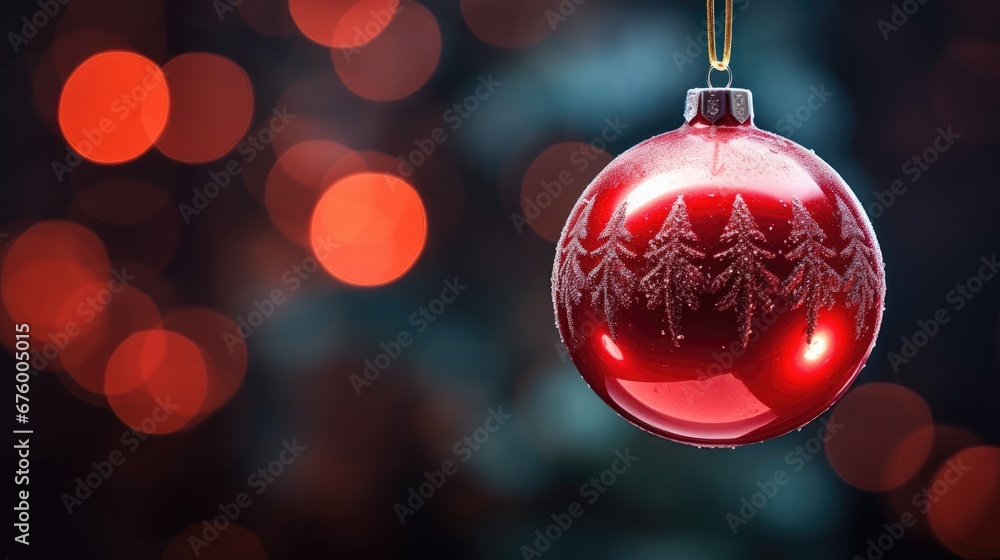 Poster a red christmas ornament hanging from a string with a blurry background of christmas lights in the b