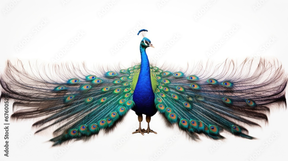 Poster a close up of a peacock with it's feathers spread out and it's head turned to the side. generative a