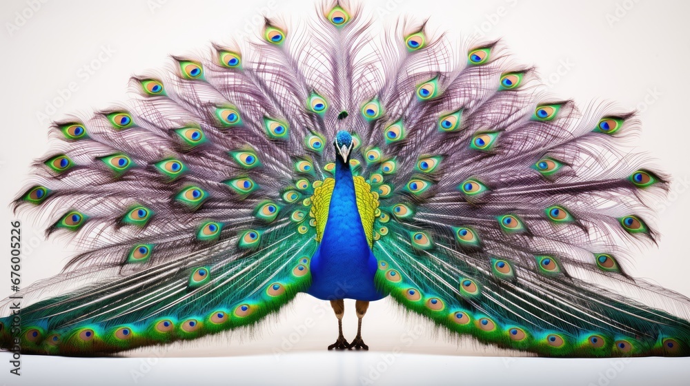Poster a close up of a peacock with it's feathers spread out and it's tail feathers spread out. generative 