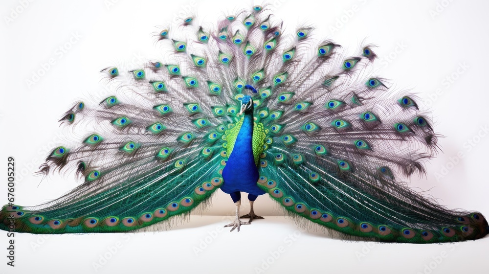 Poster a close up of a peacock with feathers spread out of it's back and it's tail spread out. generative a