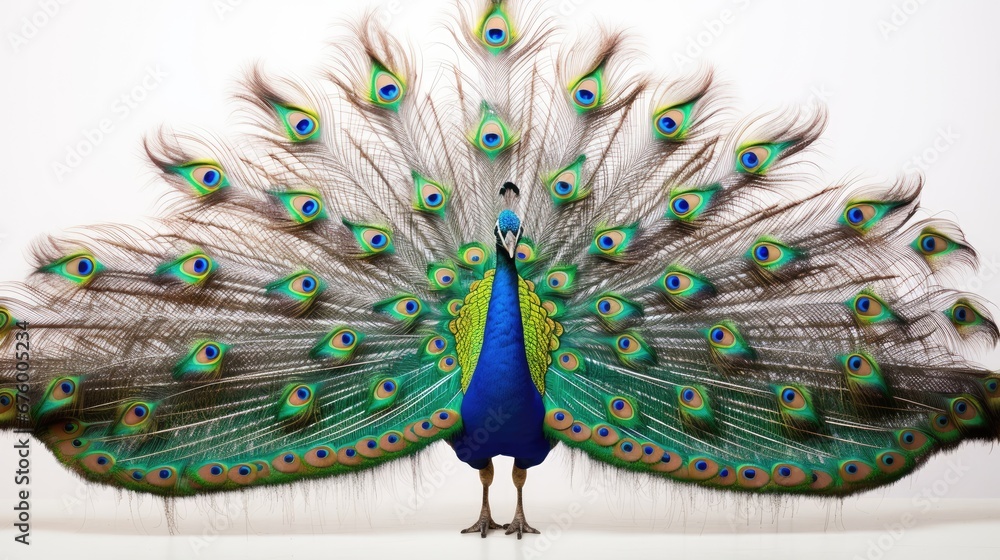 Poster a close up of a peacock with it's feathers spread out and it's tail feathers spread out. generative 