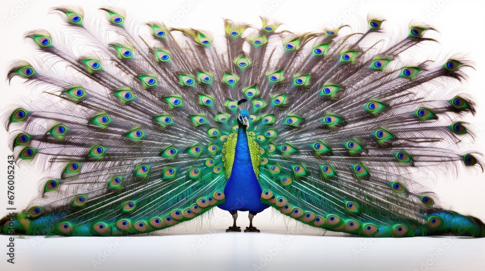 Poster a close up of a peacock with it's feathers spread out and it's tail spread wide open. generative ai