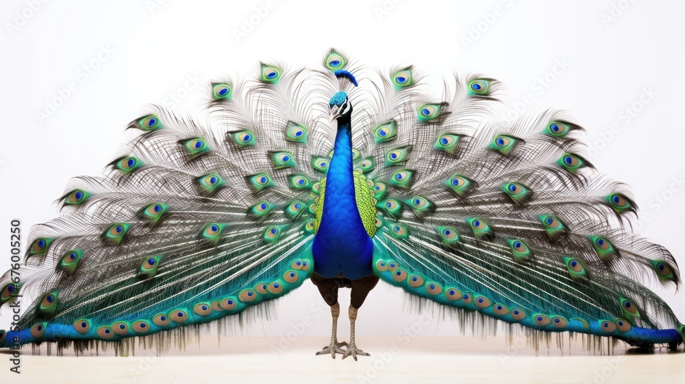 Poster a peacock with its feathers spread out in front of it's back and tail feathers spread out in front o