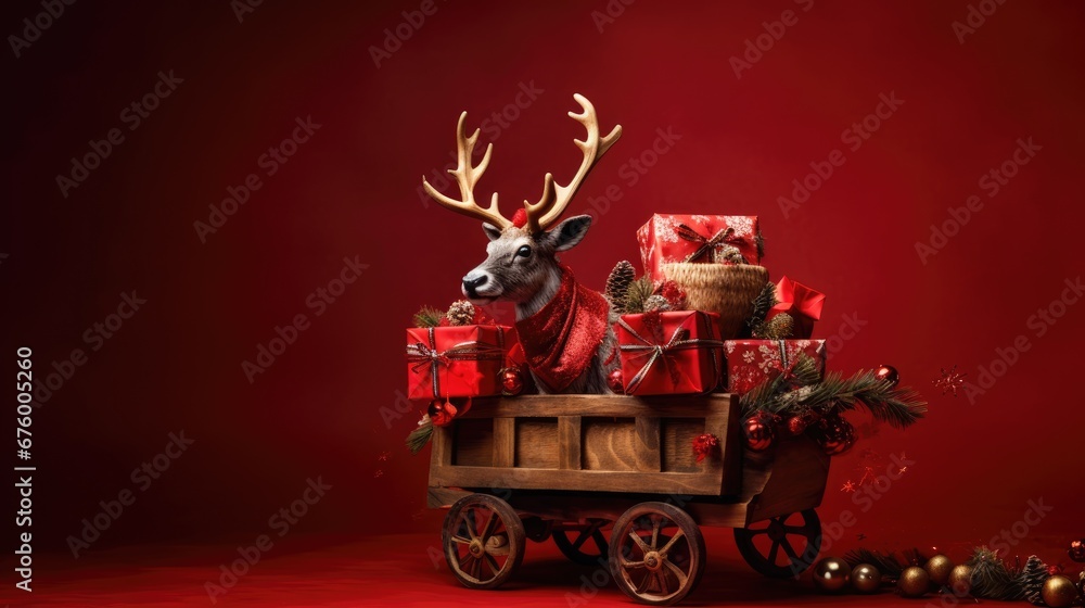 Poster a reindeer pulling a wagon full of presents on a red background the wagon is filled with gift boxes 
