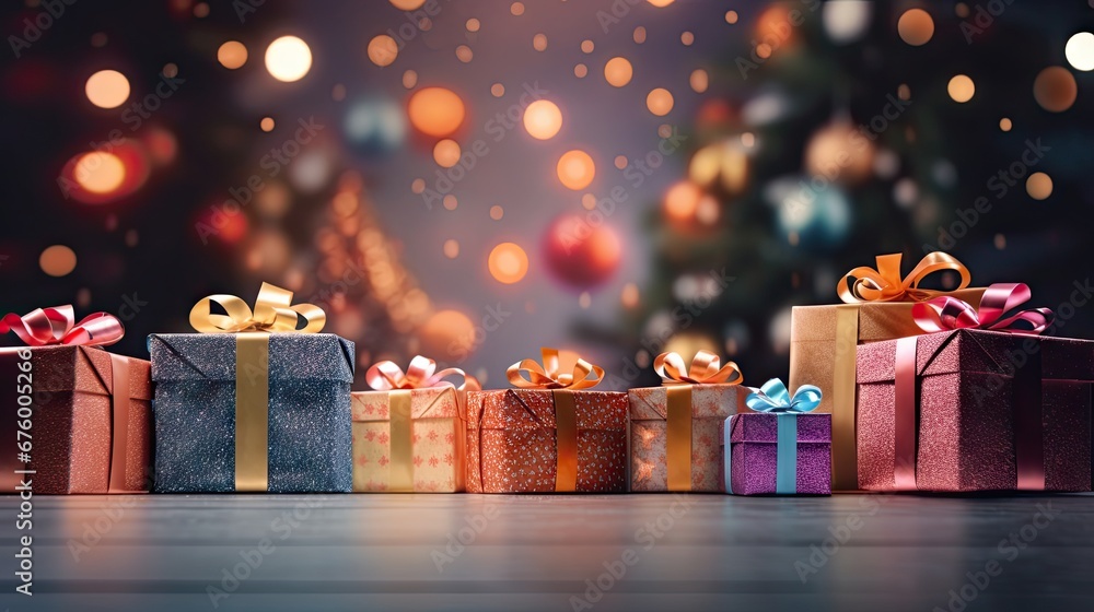 Aufkleber a group of wrapped presents sitting on top of a table next to a christmas tree with lights in the ba