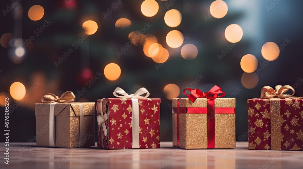 Poster three wrapped presents sitting on a table in front of a christmas tree with a lite up christmas tree
