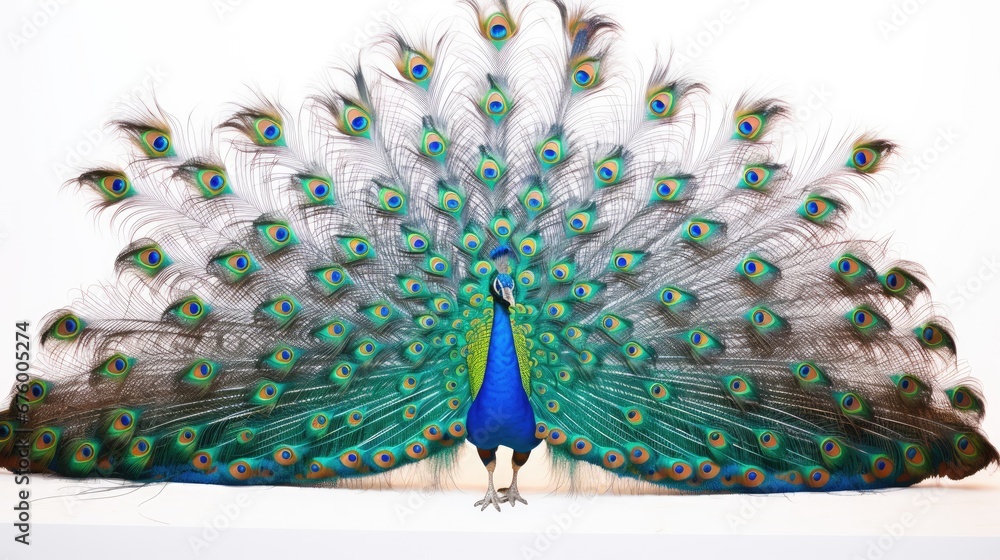 Poster a peacock with its feathers spread out in front of it's back, with its tail spread wide open. genera