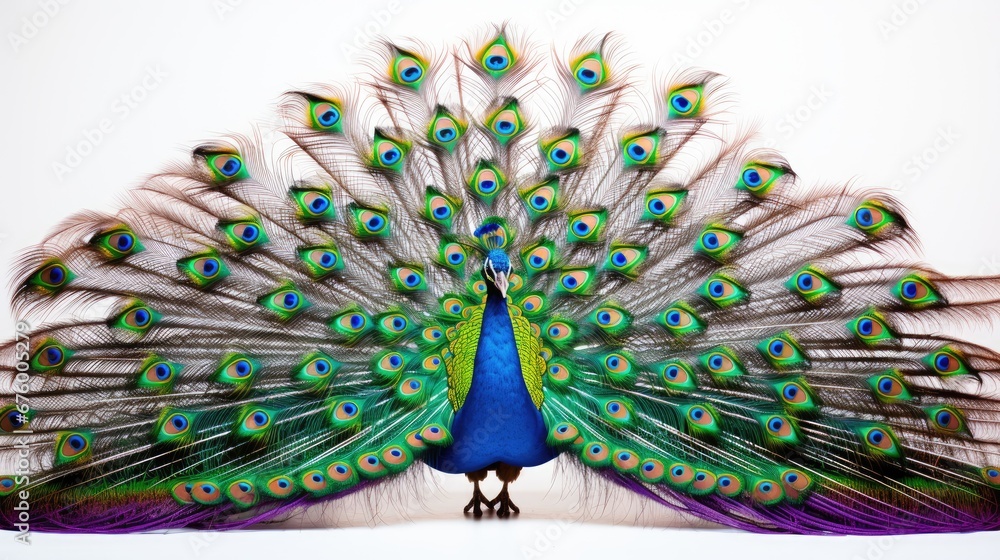 Poster a close up of a peacock with it's feathers spread out and it's tail feathers spread out. generative 