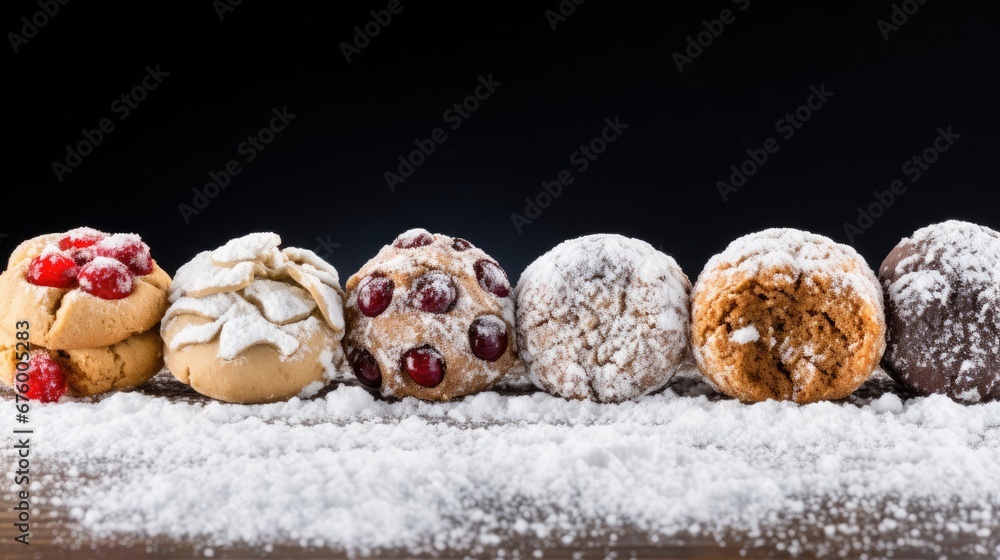 Poster a row of doughnuts sitting on top of a table covered in powdered sugar and cranberries. generative a
