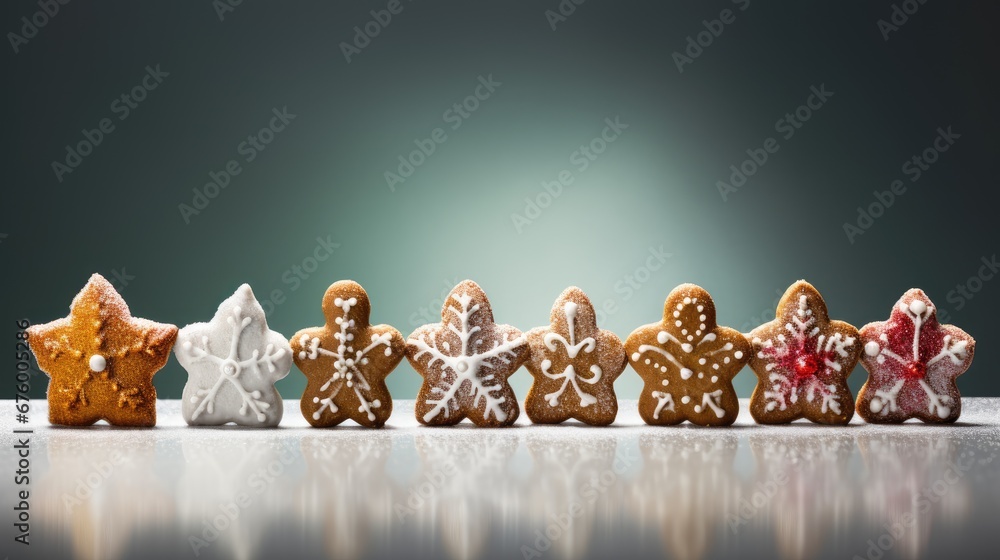 Poster a row of ginger cookies with icing in the shape of snowflakes on a reflective surface with a green b