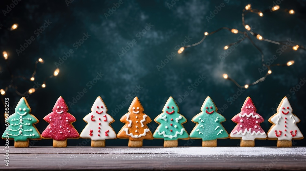 Poster a row of decorated christmas trees sitting on top of a wooden table next to a string of lights on a 