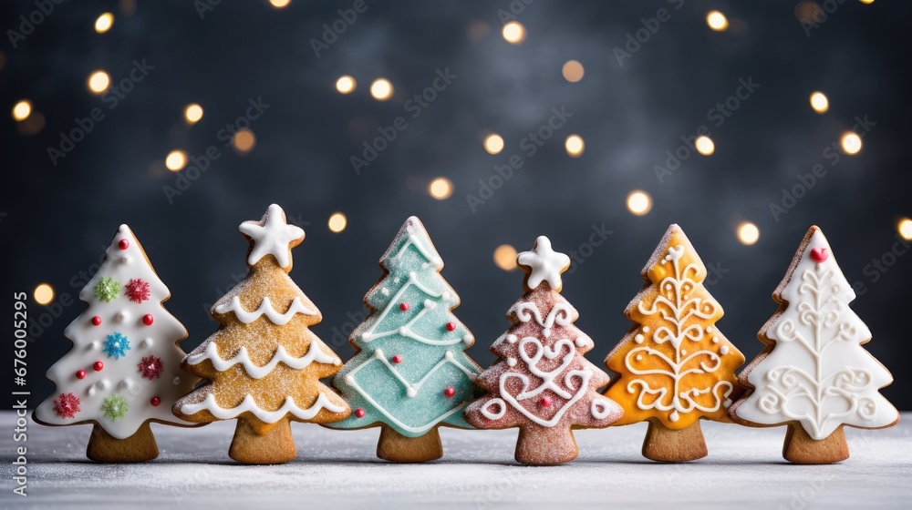 Poster a row of decorated christmas trees sitting on top of a table next to a string of lights in the backg