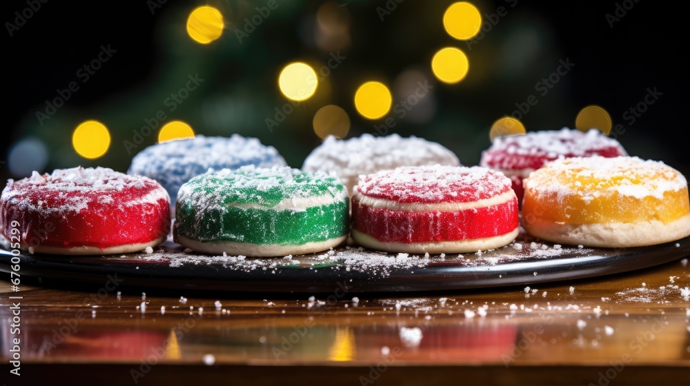 Poster a close up of a plate of pastries on a table with a christmas tree and lights in the background. gen