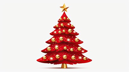  a red christmas tree with gold ornaments and a star on the top of it, on a white background, with a gold star on the top of the top of the tree.  generative ai