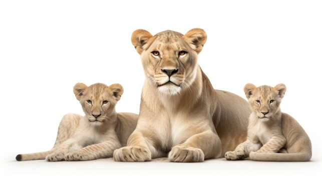  a couple of lions sitting next to each other on top of a white floor next to a baby lion in front of a white background.  generative ai