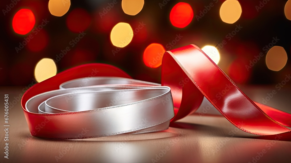 Poster a roll of red satin ribbon next to a roll of white satin ribbon on a table with lights in the backgr