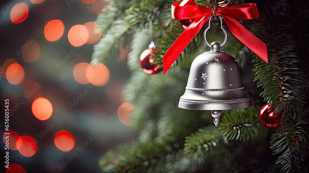 Poster a christmas ornament hanging from a tree with a red ribbon and a red bow on top of it. generative ai