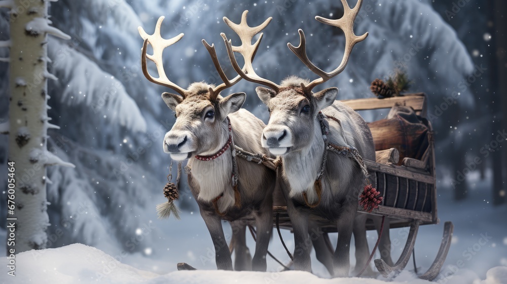 Poster two reindeers are pulling a sleigh through the snow in front of a winter scene with pine trees. gene
