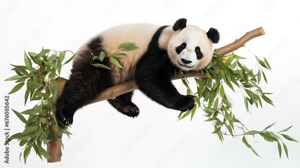 Poster a panda bear sitting on top of a tree branch with green leaves on it's back and it's head resting on