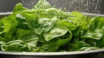  a bunch of lettuce in a colander with a sprinkle of water on top of it.  generative ai