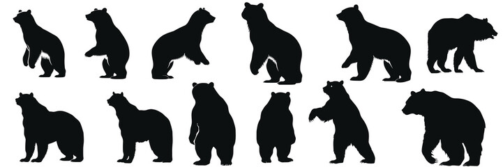 Black bear illustration. Set bear silhouette. Minimalist and Flat Logo. Isolated vector image, head bear logo vector, animal theme, wildlife logo. - obrazy, fototapety, plakaty