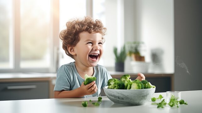 a little boy sitting at a table with a bowl of broccoli and a bowl of broccoli florets.  generative ai