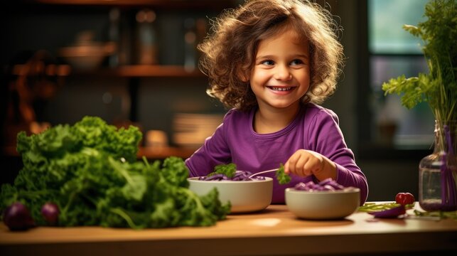  a little girl sitting at a table with a bowl of food in front of her and vegetables in the background.  generative ai