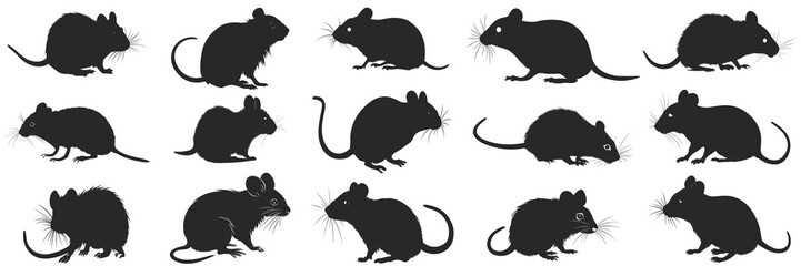Black mouse illustration. Set mouse silhouette. Minimalist and Flat Logo. Isolated vector image, animal theme, wildlife logo.