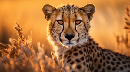 A cheetah is sitting in tall grass at sunset, AI
